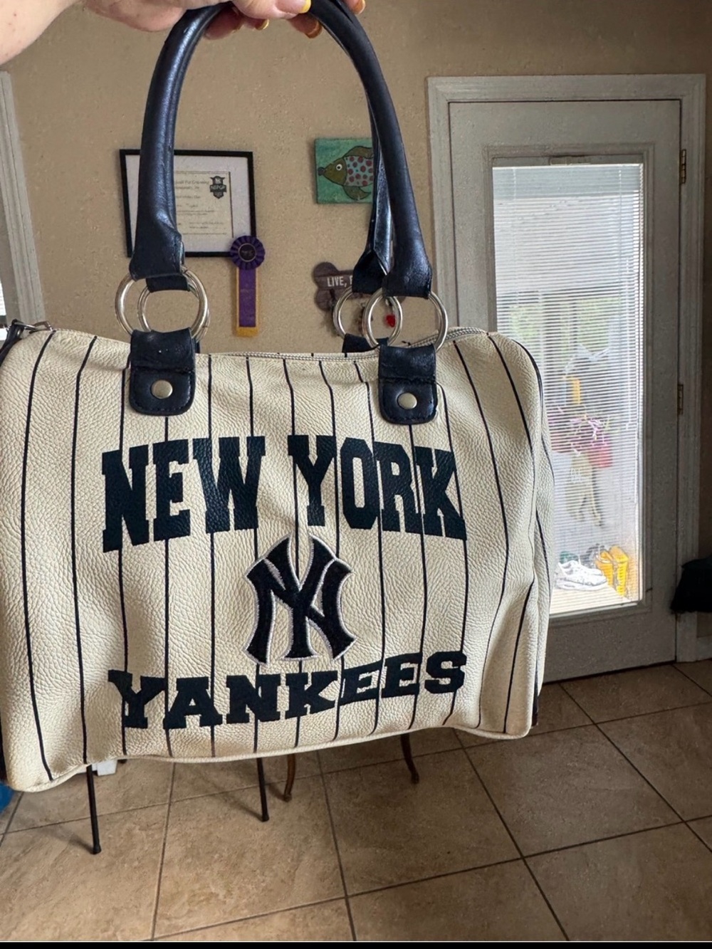 Cream Pinstripe Tote with Black Trim